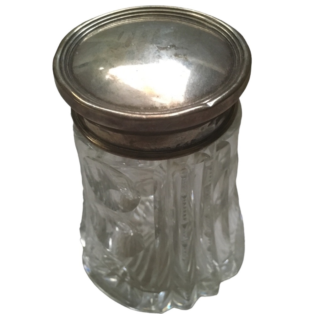 Antique Sterling glass jar with cut design